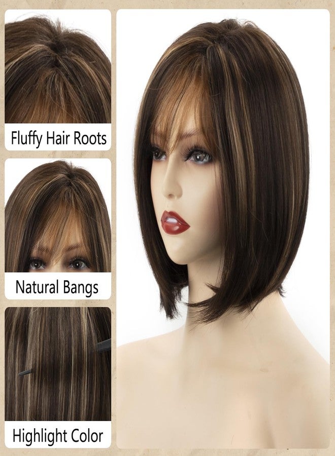 TISHINING Brown Highlight Short Bob Wig with Bangs for White Women Chin Length Layered Brown Mix Blonde Pixie Bob Wig Synthetic Natural Straight Hair Wigs for Daily Party Use - Image 5